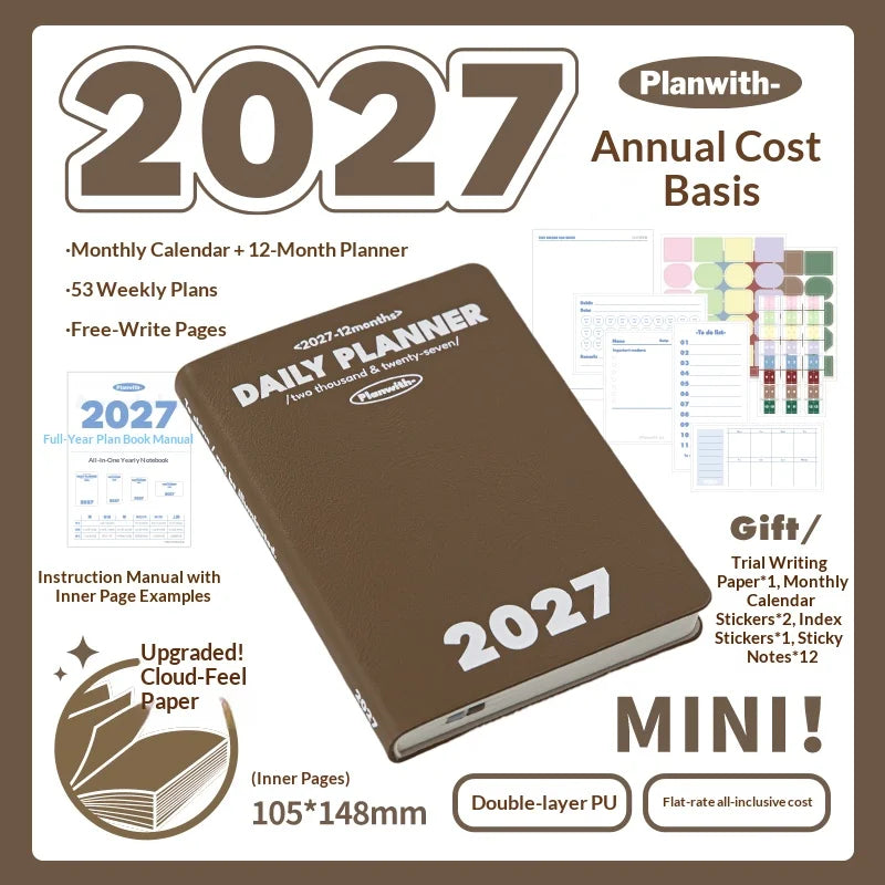 Planwith 2027 Weekly Planner A6 8-Grid Layout Hardcover Agenda Annual Tracker Month Plan Lunar Date Organizer for Adult Student