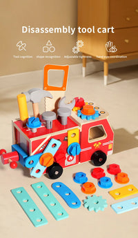 Wooden Montessori Fire Truck - Nut Screw Disassembly Assembly Tool Car, STEM Toy for Toddlers to Develop Hands-On Skills