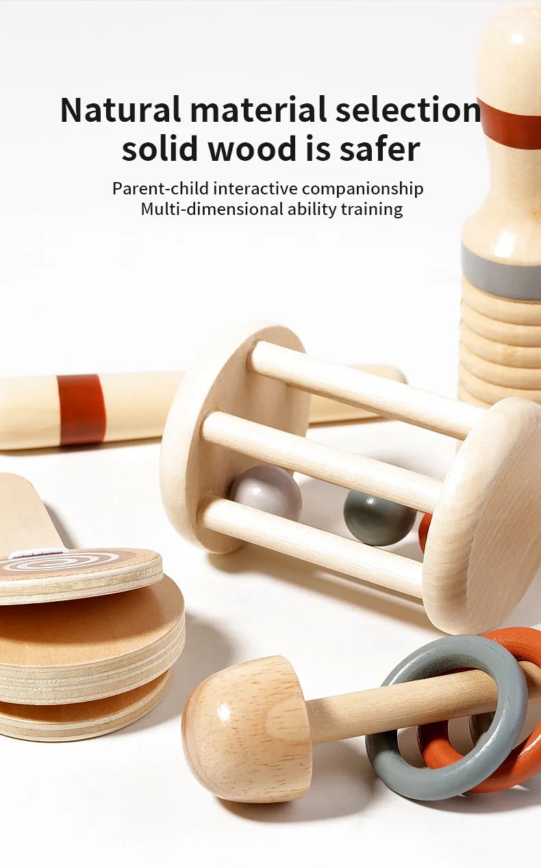 Baby Handheld Bell Musical Instrument Toys Montessori Wooden Gripping Bed Bell Drum Orff Ringing Instrument Percussion Kids Gift