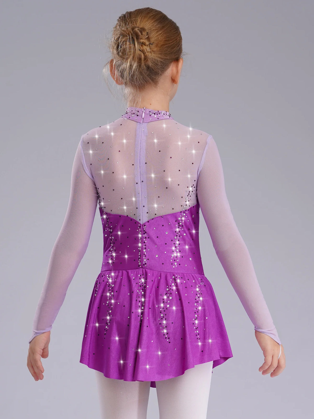 Kids Girls Figure Skating Dress Ballet Dance Artistic Gymnastics Performance Costume Long Sleeve Sheer Mesh Rhinestones Leotard