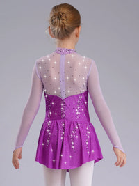 Kids Girls Figure Skating Dress Ballet Dance Artistic Gymnastics Performance Costume Long Sleeve Sheer Mesh Rhinestones Leotard