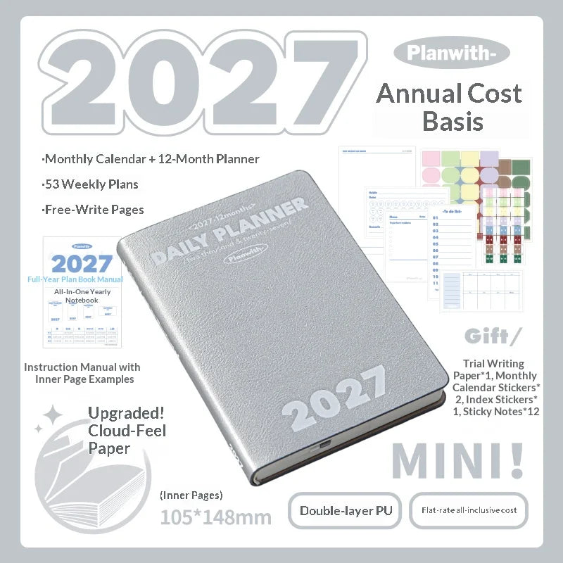 Planwith 2027 Weekly Planner A6 8-Grid Layout Hardcover Agenda Annual Tracker Month Plan Lunar Date Organizer for Adult Student