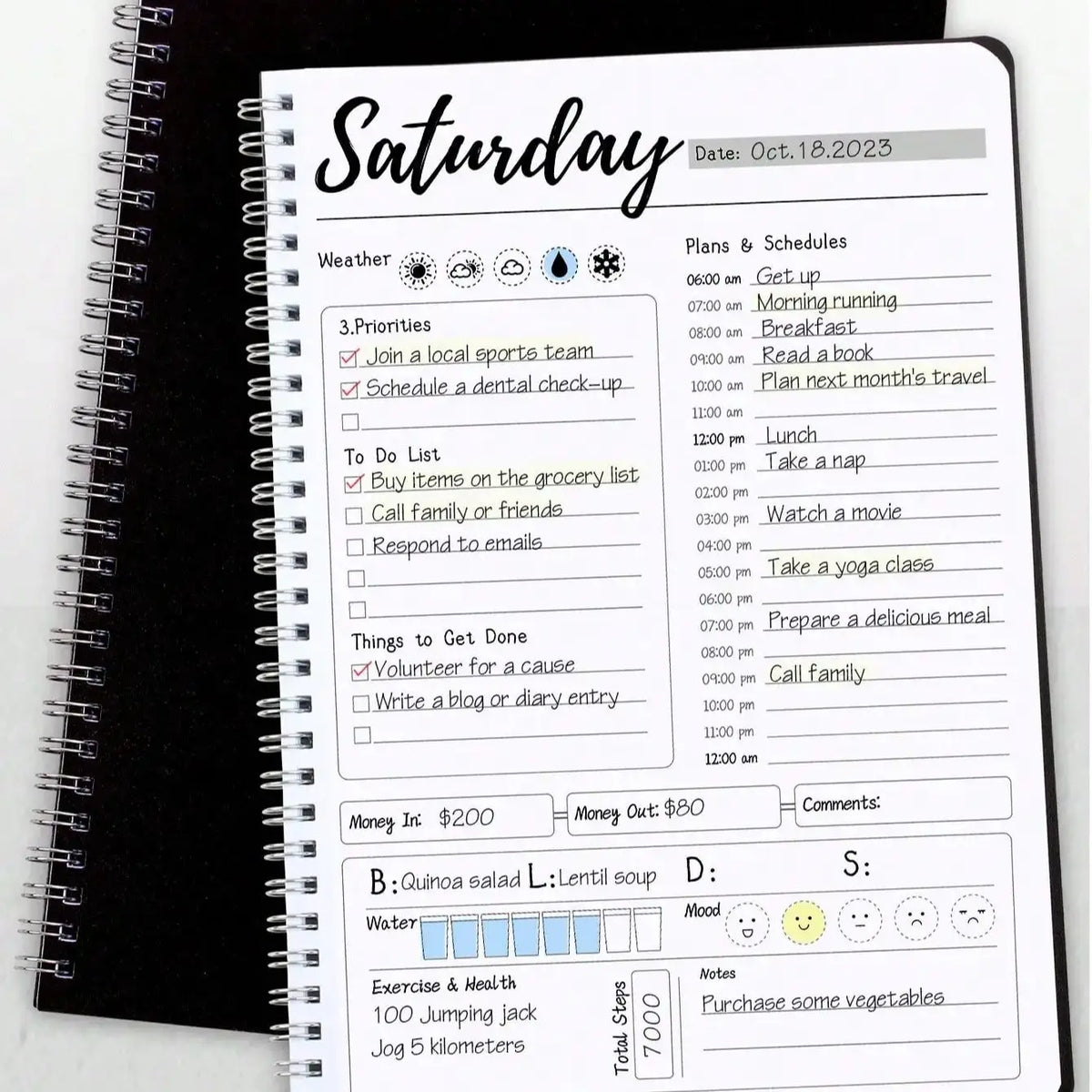 Daily Planner Notebook Spiral Bound Weekly & Daily Schedule to Do List Mood Water Intake Budget Journal