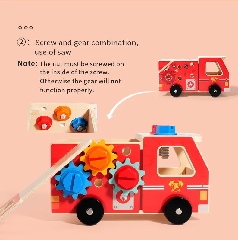 Wooden Montessori Fire Truck - Nut Screw Disassembly Assembly Tool Car, STEM Toy for Toddlers to Develop Hands-On Skills