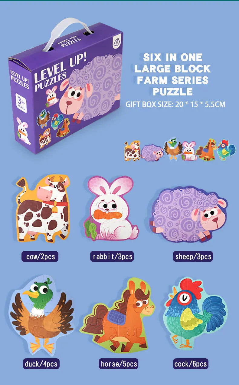 Wooden Jigsaw Puzzles for Toddlers Cartoon Animal Paper Puzzles Montessori Early Learning Education Toys Set Gifts Box for Kids