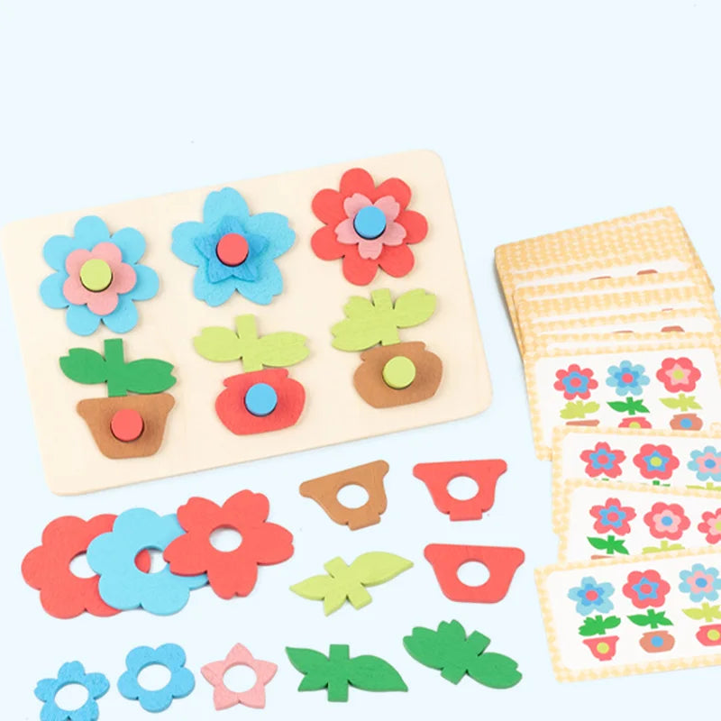 Montessori DIY Wooden Flower Puzzle Board Game With Cards Shape Color Cognition & Matching Geometric Educational Toy For Kids