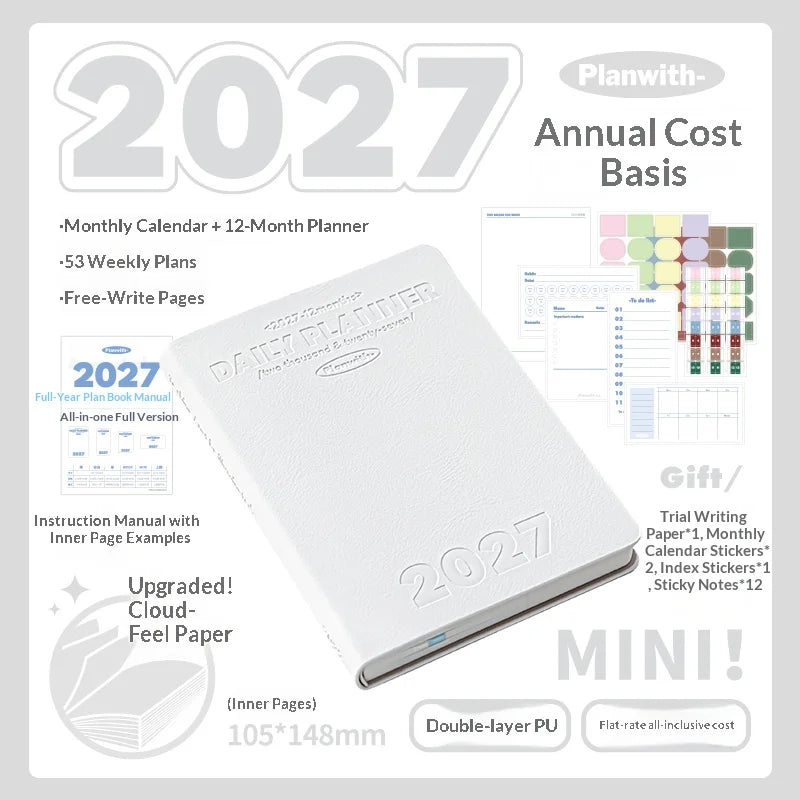 Planwith 2027 Weekly Planner A6 8-Grid Layout Hardcover Agenda Annual Tracker Month Plan Lunar Date Organizer for Adult Student