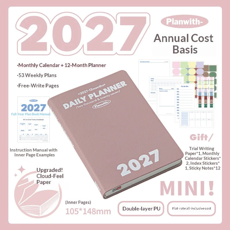 Planwith 2027 Weekly Planner A6 8-Grid Layout Hardcover Agenda Annual Tracker Month Plan Lunar Date Organizer for Adult Student