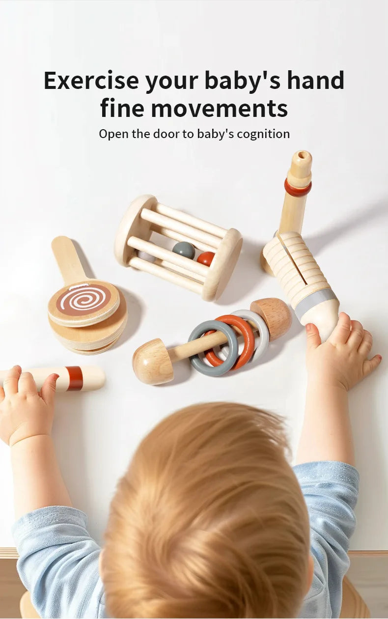 Baby Handheld Bell Musical Instrument Toys Montessori Wooden Gripping Bed Bell Drum Orff Ringing Instrument Percussion Kids Gift