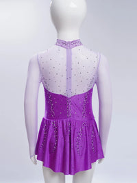 Kids Girls Figure Skating Dress Ballet Dance Artistic Gymnastics Performance Costume Long Sleeve Sheer Mesh Rhinestones Leotard
