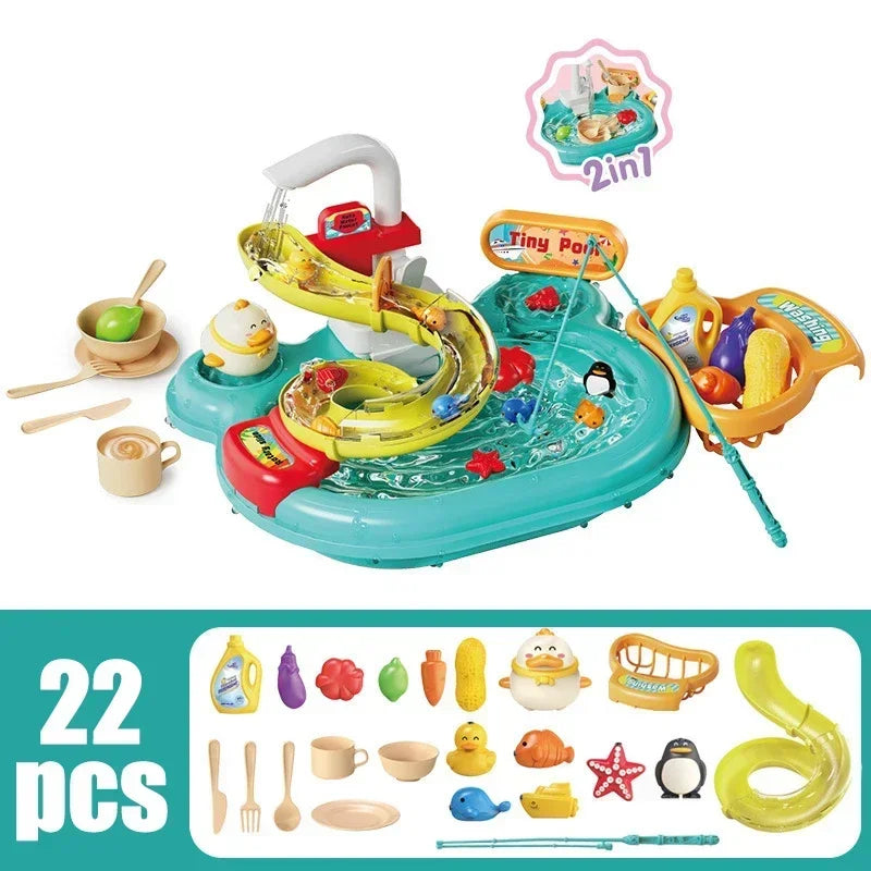 Children Puzzle Pretend Play Toys Dishwashing Basin Toys Gift Kitchen Interactive Toys 2-in-1 Slide Fishing Montessori Toy Gift