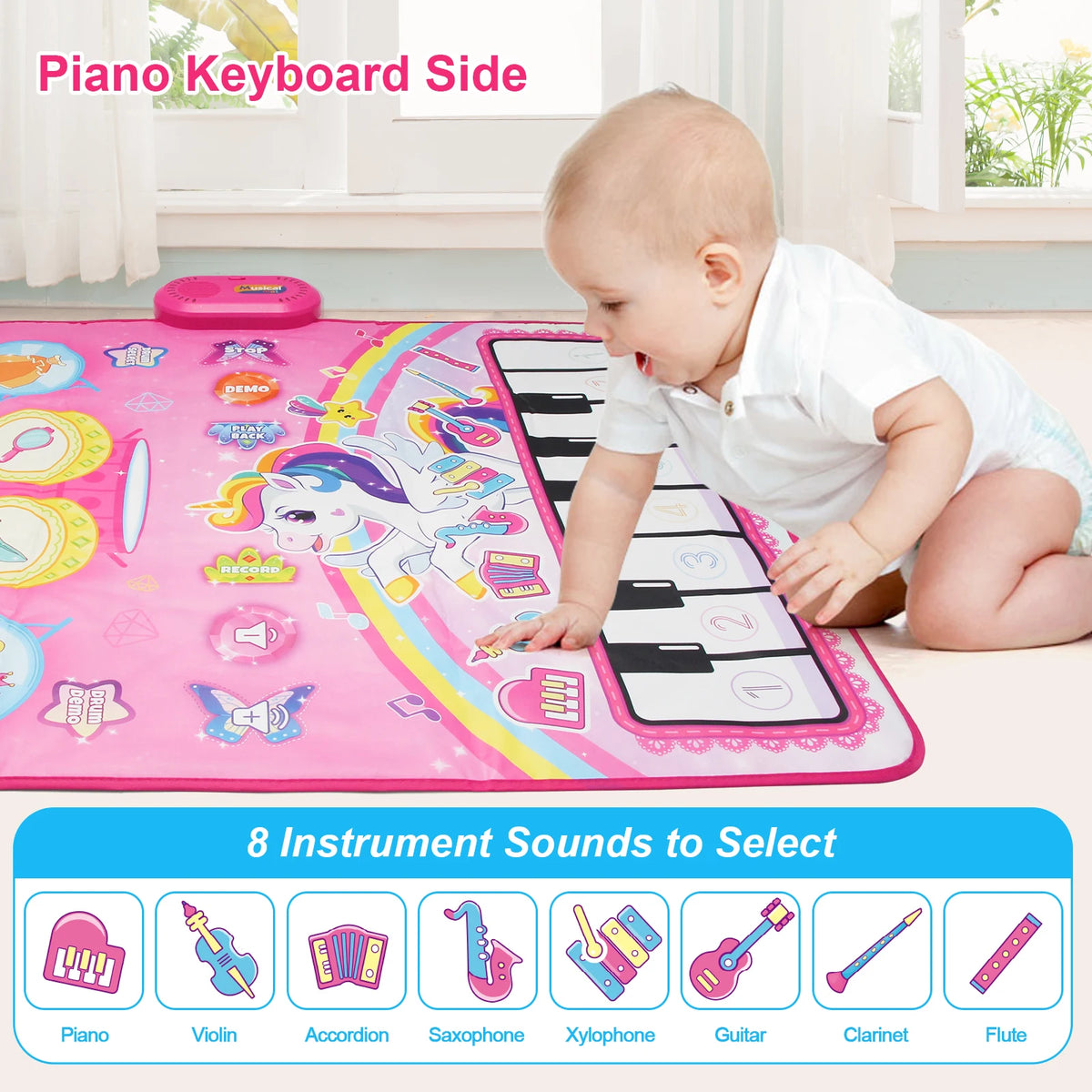 90x70cm Unicorn Music Mat Kid Toddler Mat Piano Keyboard and Drum 2 in 1 Toys Dance Mat 8 Instruments Sound Educational Toys