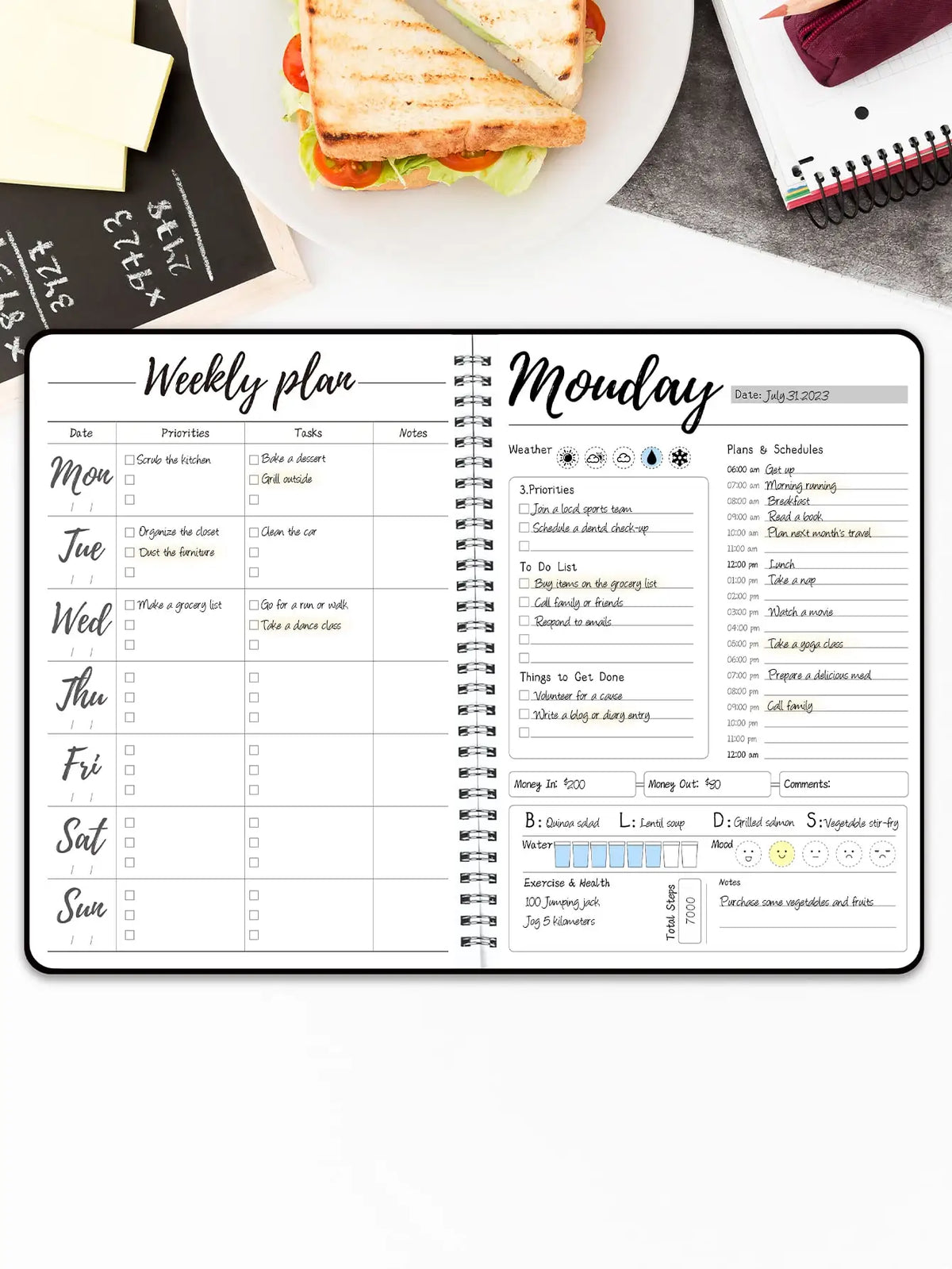 Daily Planner Notebook Spiral Bound Weekly & Daily Schedule to Do List Mood Water Intake Budget Journal