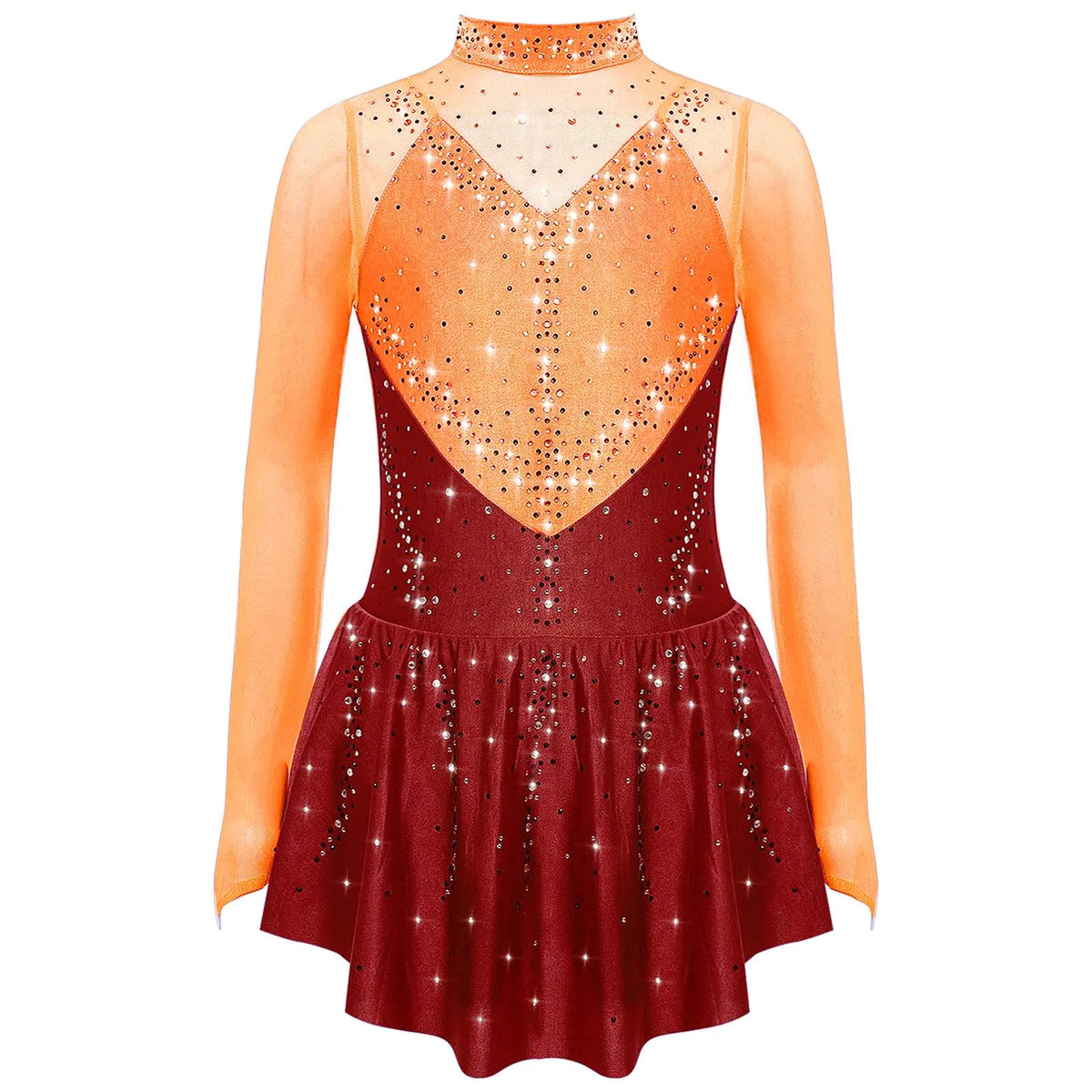 Kids Girls Figure Skating Dress Ballet Dance Artistic Gymnastics Performance Costume Long Sleeve Sheer Mesh Rhinestones Leotard
