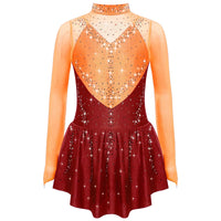 Kids Girls Figure Skating Dress Ballet Dance Artistic Gymnastics Performance Costume Long Sleeve Sheer Mesh Rhinestones Leotard
