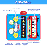 90x70cm Unicorn Music Mat Kid Toddler Mat Piano Keyboard and Drum 2 in 1 Toys Dance Mat 8 Instruments Sound Educational Toys