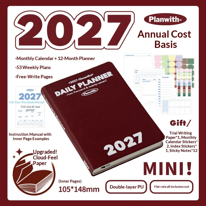Planwith 2027 Weekly Planner A6 8-Grid Layout Hardcover Agenda Annual Tracker Month Plan Lunar Date Organizer for Adult Student