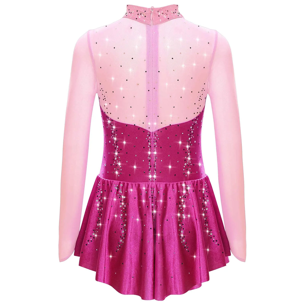 Kids Girls Figure Skating Dress Ballet Dance Artistic Gymnastics Performance Costume Long Sleeve Sheer Mesh Rhinestones Leotard