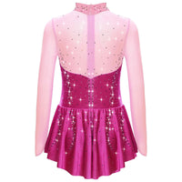 Kids Girls Figure Skating Dress Ballet Dance Artistic Gymnastics Performance Costume Long Sleeve Sheer Mesh Rhinestones Leotard
