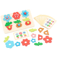 Montessori DIY Wooden Flower Puzzle Board Game With Cards Shape Color Cognition & Matching Geometric Educational Toy For Kids