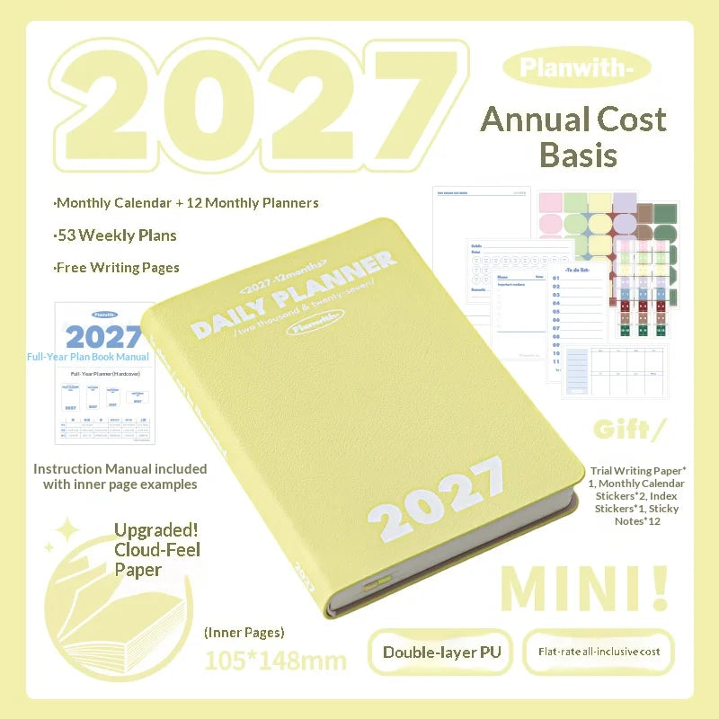 Planwith 2027 Weekly Planner A6 8-Grid Layout Hardcover Agenda Annual Tracker Month Plan Lunar Date Organizer for Adult Student