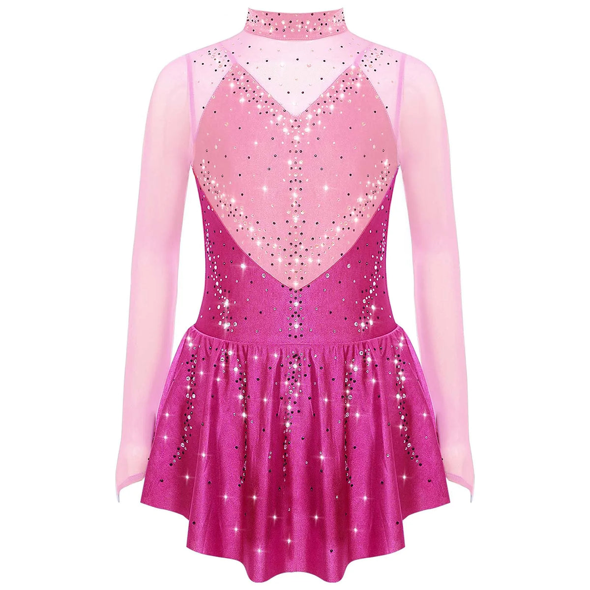 Kids Girls Figure Skating Dress Ballet Dance Artistic Gymnastics Performance Costume Long Sleeve Sheer Mesh Rhinestones Leotard