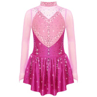 Kids Girls Figure Skating Dress Ballet Dance Artistic Gymnastics Performance Costume Long Sleeve Sheer Mesh Rhinestones Leotard