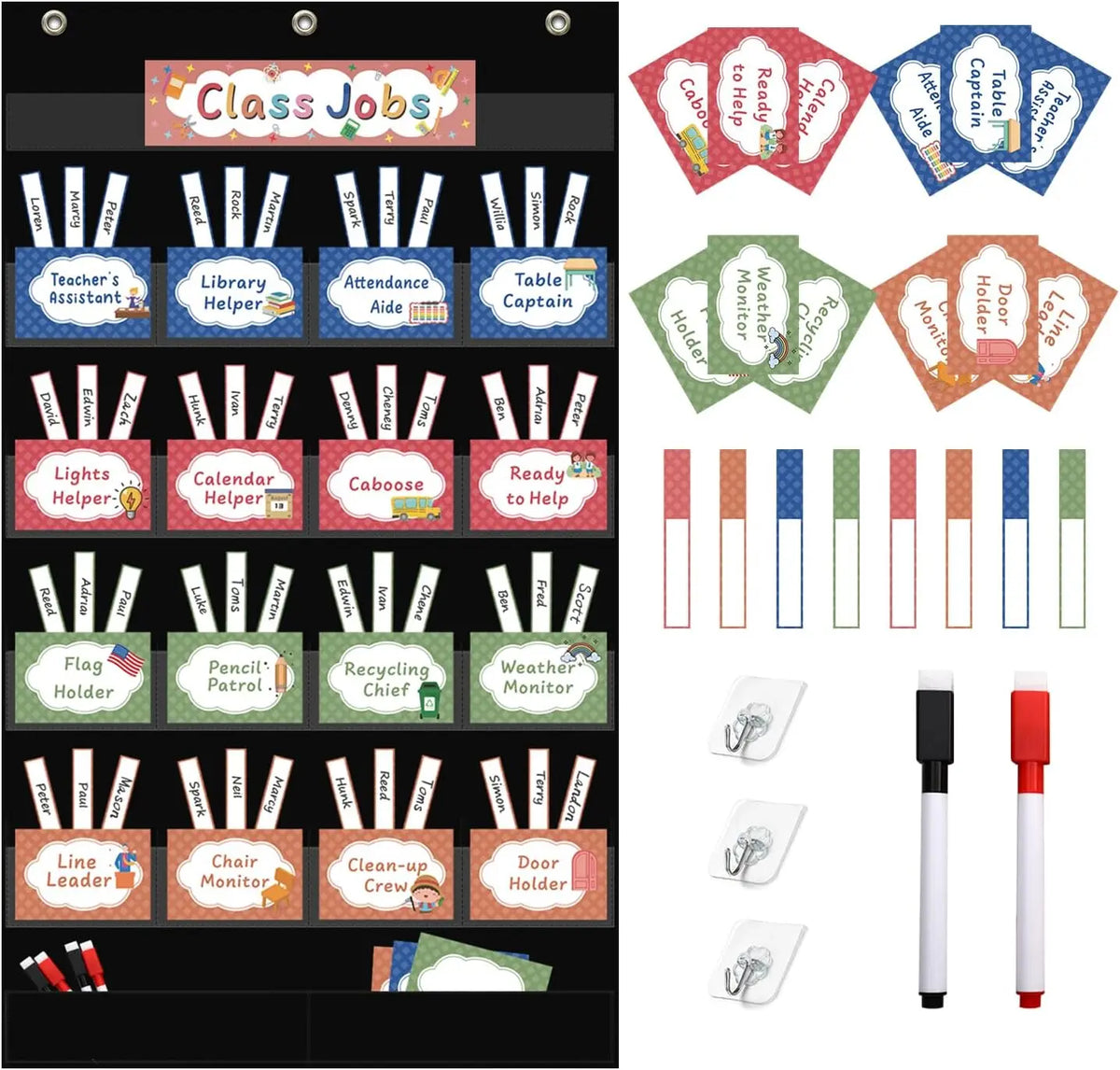 Class Jobs Pocket Chart Class Management Educational Pocket Chart with 70 Colorful Dry Erase Cards and 3 Hooks For Students