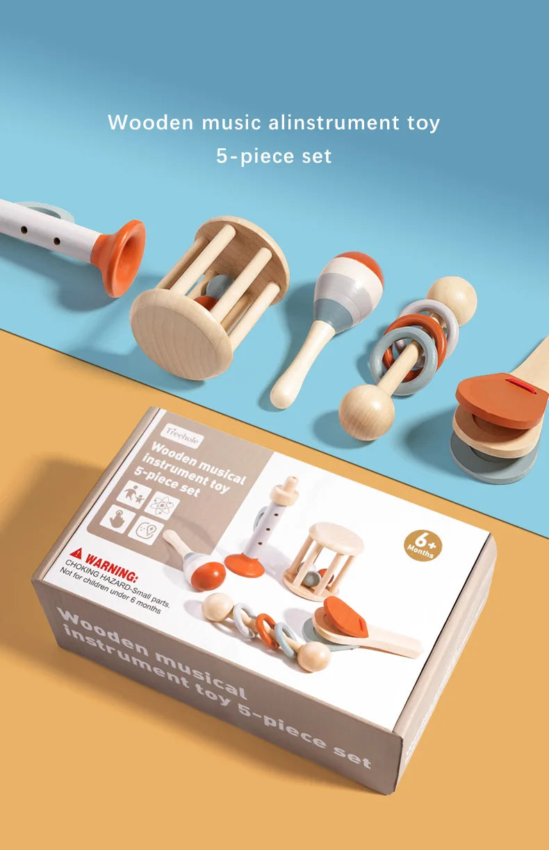 Baby Handheld Bell Musical Instrument Toys Montessori Wooden Gripping Bed Bell Drum Orff Ringing Instrument Percussion Kids Gift