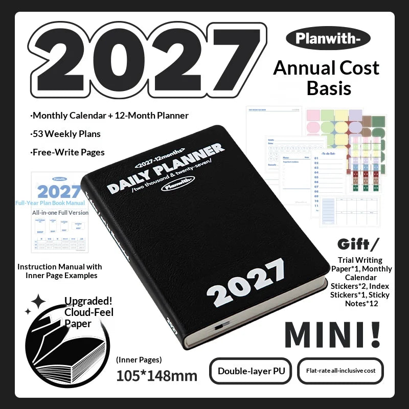 Planwith 2027 Weekly Planner A6 8-Grid Layout Hardcover Agenda Annual Tracker Month Plan Lunar Date Organizer for Adult Student