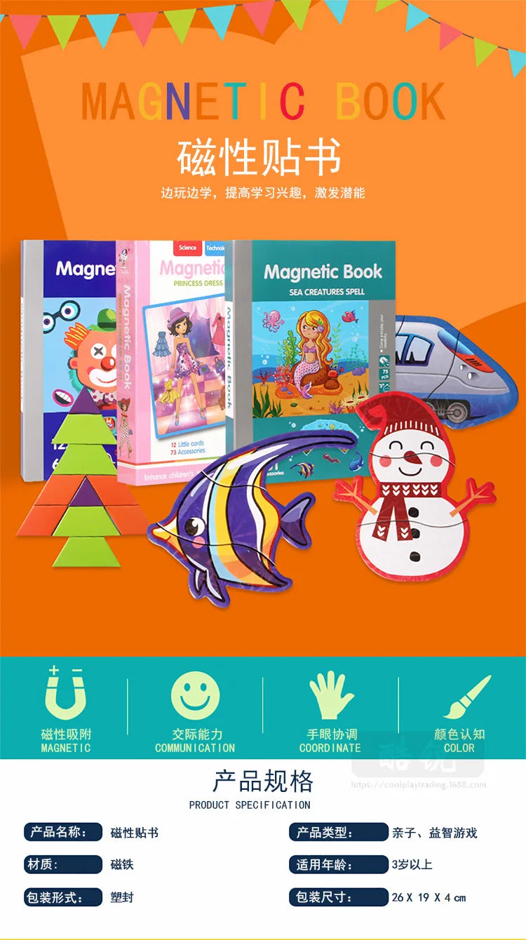 Montessori Magnetic Busy Book 3D Cartoon Puzzles Jigsaw Funny Brain Training Game Educational Learning Toys for Kids Gift Xmas