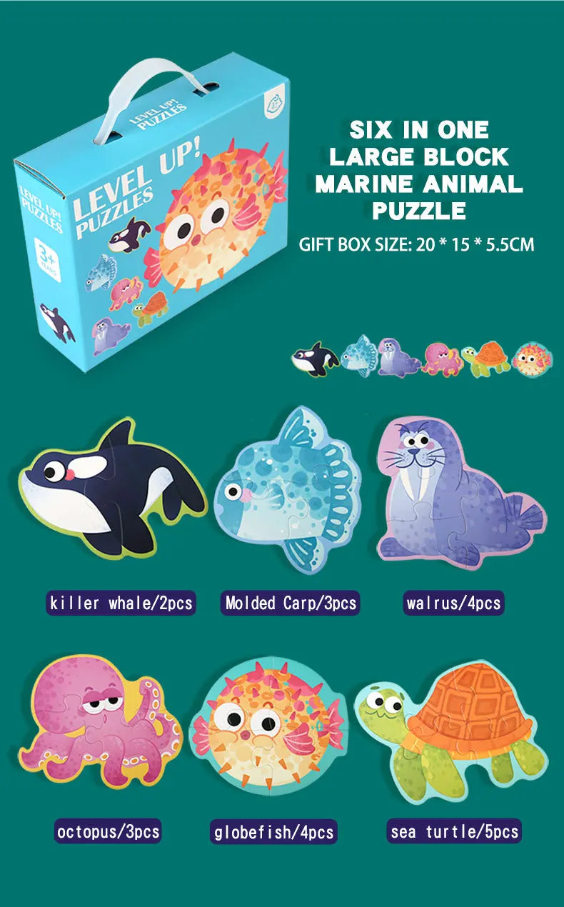 Wooden Jigsaw Puzzles for Toddlers Cartoon Animal Paper Puzzles Montessori Early Learning Education Toys Set Gifts Box for Kids