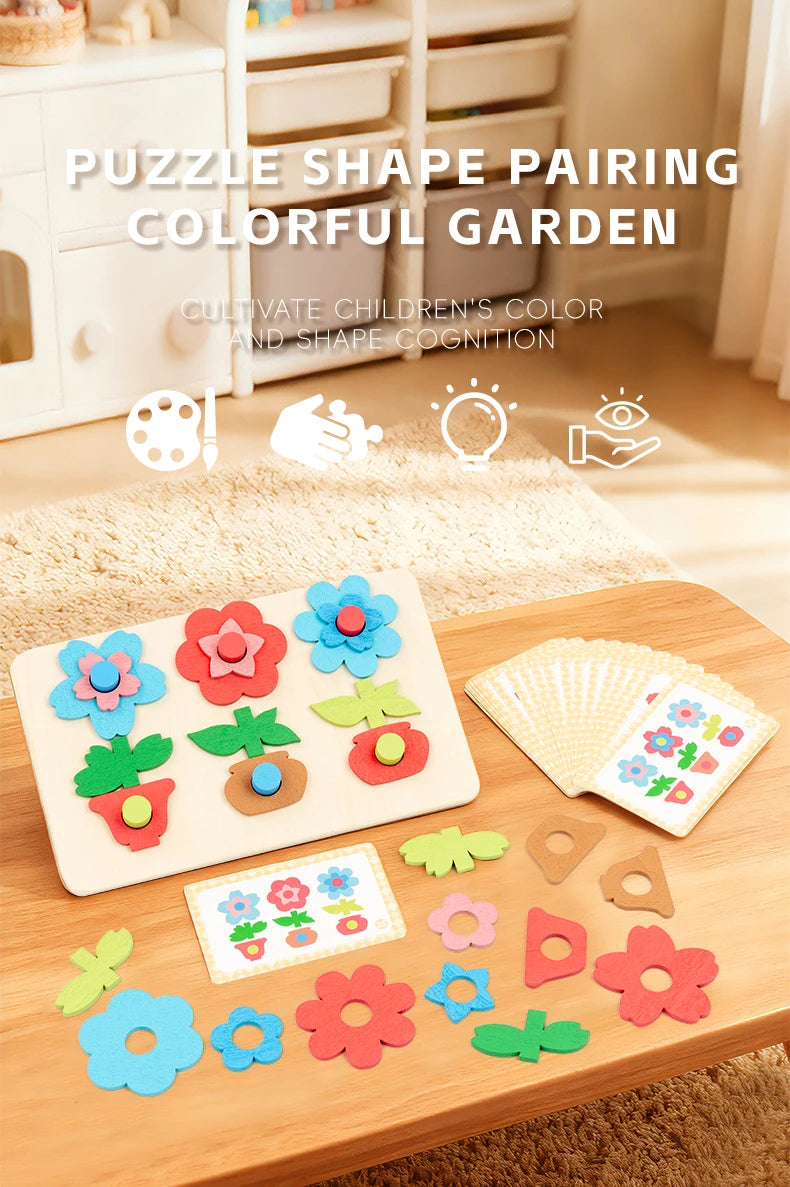 Montessori DIY Wooden Flower Puzzle Board Game With Cards Shape Color Cognition & Matching Geometric Educational Toy For Kids