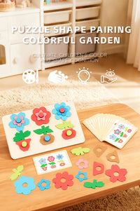 Montessori DIY Wooden Flower Puzzle Board Game With Cards Shape Color Cognition & Matching Geometric Educational Toy For Kids