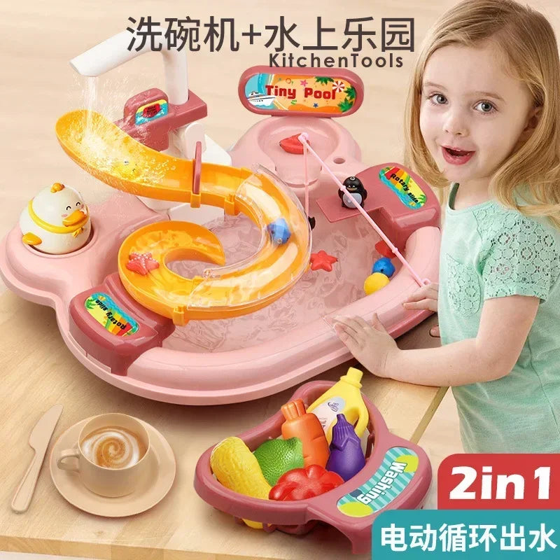 Children Puzzle Pretend Play Toys Dishwashing Basin Toys Gift Kitchen Interactive Toys 2-in-1 Slide Fishing Montessori Toy Gift