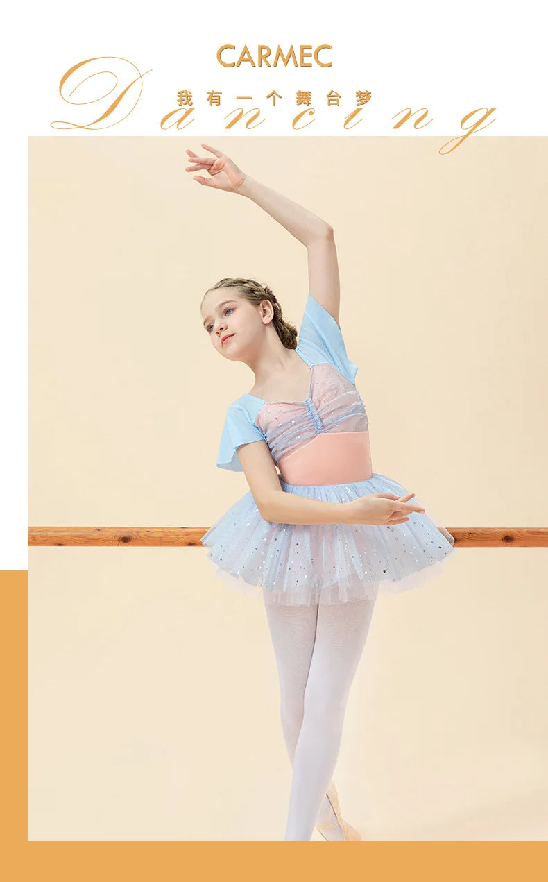 Girls Ballet Dance Dress Kids Child Short Sleeve Stitching V-neck Gymnastics Pink Leotard Practice Professional Stage Dance Wear