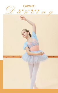 Girls Ballet Dance Dress Kids Child Short Sleeve Stitching V-neck Gymnastics Pink Leotard Practice Professional Stage Dance Wear