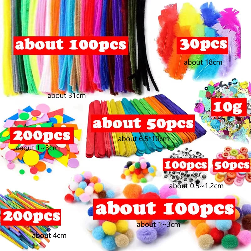 1000pcs Kids Crafts Art Supplies Kit Pipe Cleaners Pompoms Foam Stickers Feather Felt Cloth Button DIY Creative Craft Toy Gifts