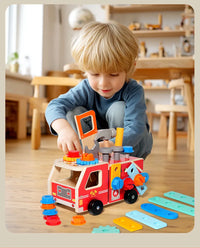 Wooden Montessori Fire Truck - Nut Screw Disassembly Assembly Tool Car, STEM Toy for Toddlers to Develop Hands-On Skills