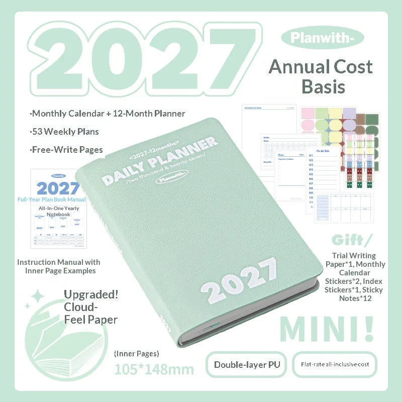 Planwith 2027 Weekly Planner A6 8-Grid Layout Hardcover Agenda Annual Tracker Month Plan Lunar Date Organizer for Adult Student