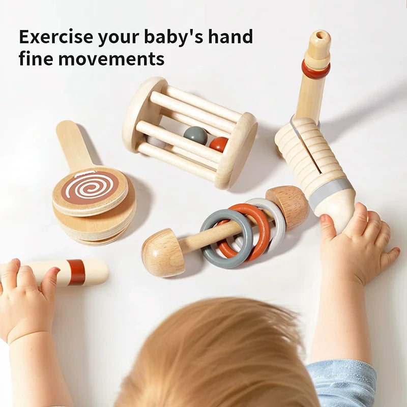 Baby Handheld Bell Musical Instrument Toys Montessori Wooden Gripping Bed Bell Drum Orff Ringing Instrument Percussion Kids Gift