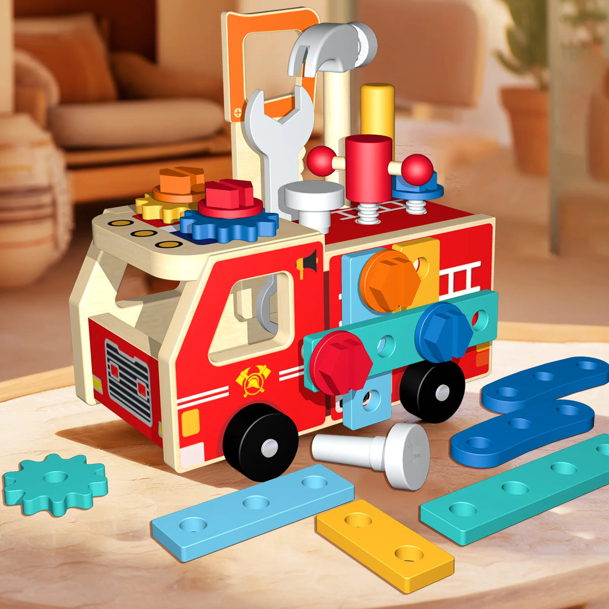 Wooden Montessori Fire Truck - Nut Screw Disassembly Assembly Tool Car, STEM Toy for Toddlers to Develop Hands-On Skills