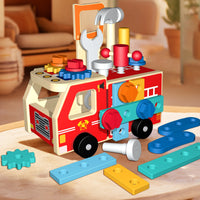 Wooden Montessori Fire Truck - Nut Screw Disassembly Assembly Tool Car, STEM Toy for Toddlers to Develop Hands-On Skills