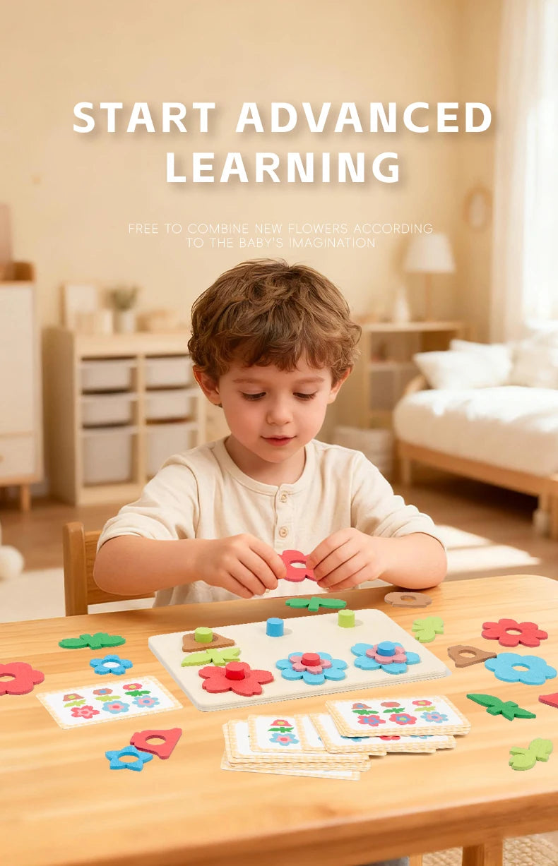 Montessori DIY Wooden Flower Puzzle Board Game With Cards Shape Color Cognition & Matching Geometric Educational Toy For Kids