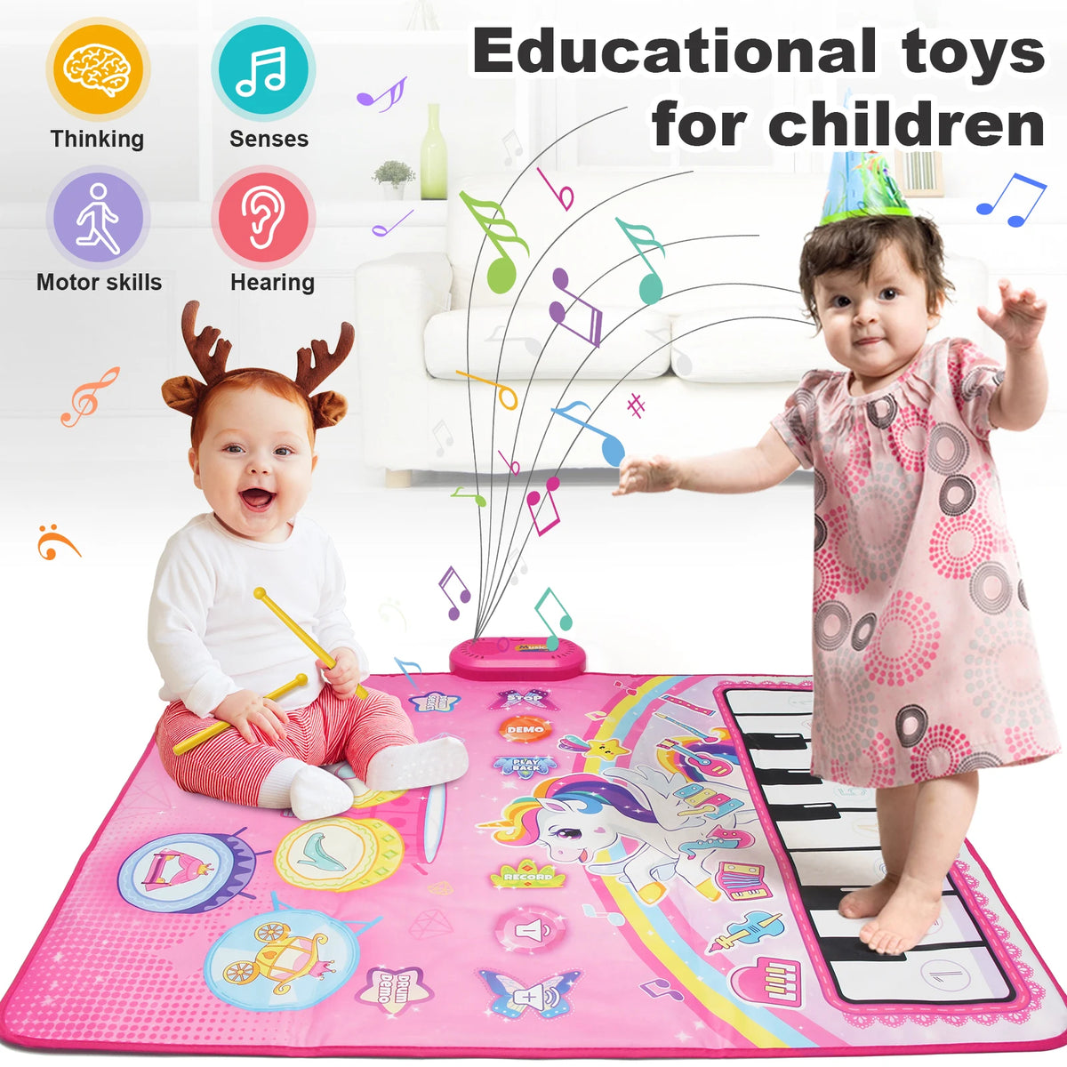 90x70cm Unicorn Music Mat Kid Toddler Mat Piano Keyboard and Drum 2 in 1 Toys Dance Mat 8 Instruments Sound Educational Toys
