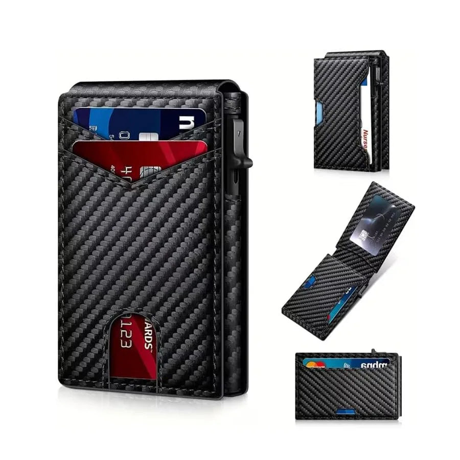 Men Carbon Fiber RFID Blocking Pop Up Wallet, Slim Minimalist Credit Card Holder Multi Slots Portable Business Card Purse