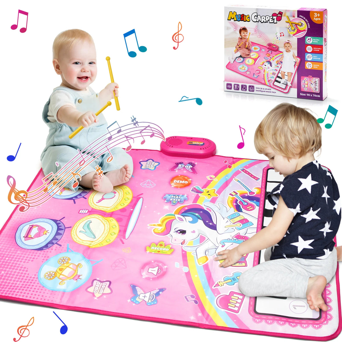 90x70cm Unicorn Music Mat Kid Toddler Mat Piano Keyboard and Drum 2 in 1 Toys Dance Mat 8 Instruments Sound Educational Toys