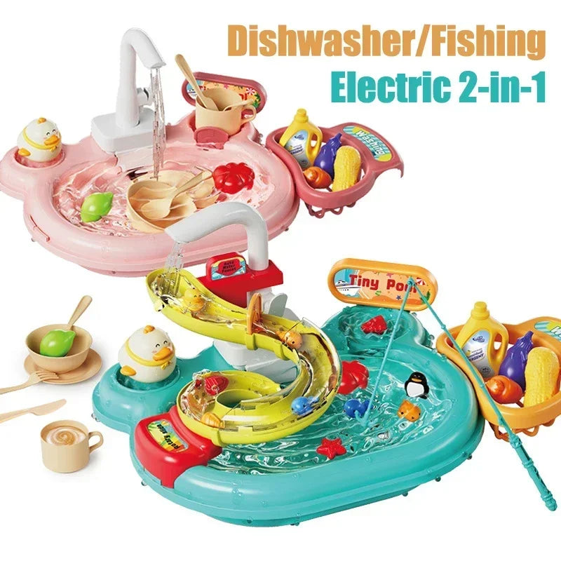 Children Puzzle Pretend Play Toys Dishwashing Basin Toys Gift Kitchen Interactive Toys 2-in-1 Slide Fishing Montessori Toy Gift