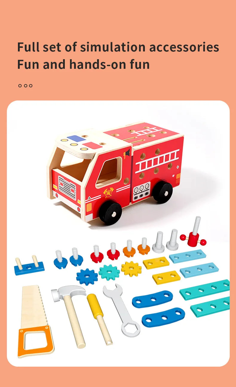 Wooden Montessori Fire Truck - Nut Screw Disassembly Assembly Tool Car, STEM Toy for Toddlers to Develop Hands-On Skills