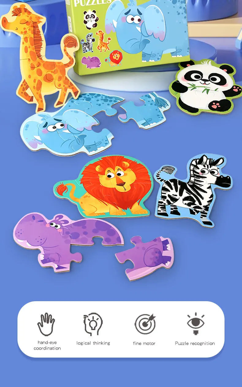 Wooden Jigsaw Puzzles for Toddlers Cartoon Animal Paper Puzzles Montessori Early Learning Education Toys Set Gifts Box for Kids